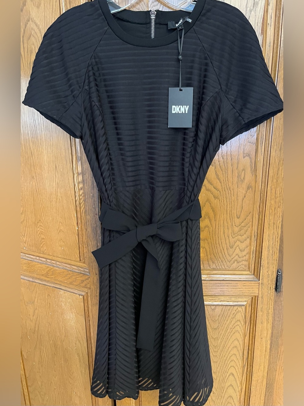 DKNY Fit & Flare Short Sleeve Belted Black Textured Dress NWT
